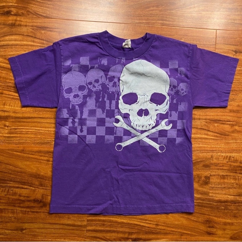 3/$25 Alstyle Boys Purple Scull Cotton Crew T-Shirt Size Large Casual Streetwear